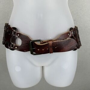 Women's Y2K Brown Genuine Leather Wide Woven Hip Belt 3.25" x 37in Boho